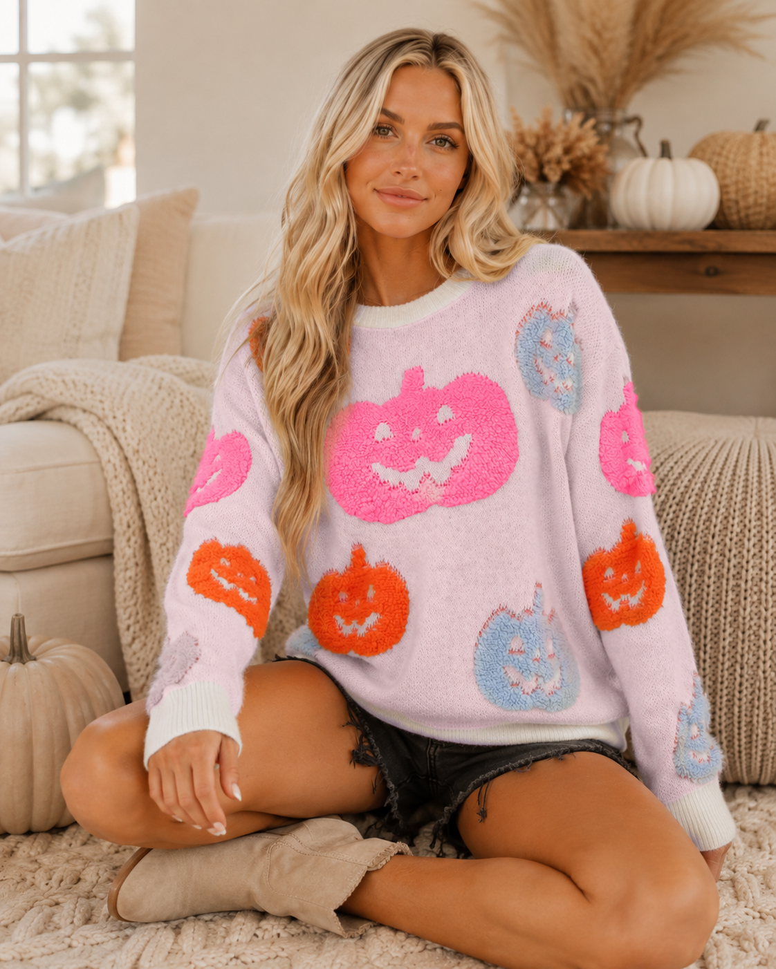 Emma wearing the colorful pumpkin knit sweater with black denim shorts in a bright seasonal lifestyle setting.