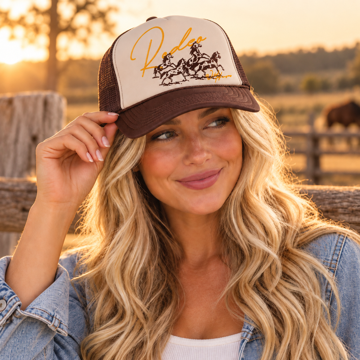 Wild Horses Rodeo Western Trucker Hat – Brown & Cream Horse Graphic Cap