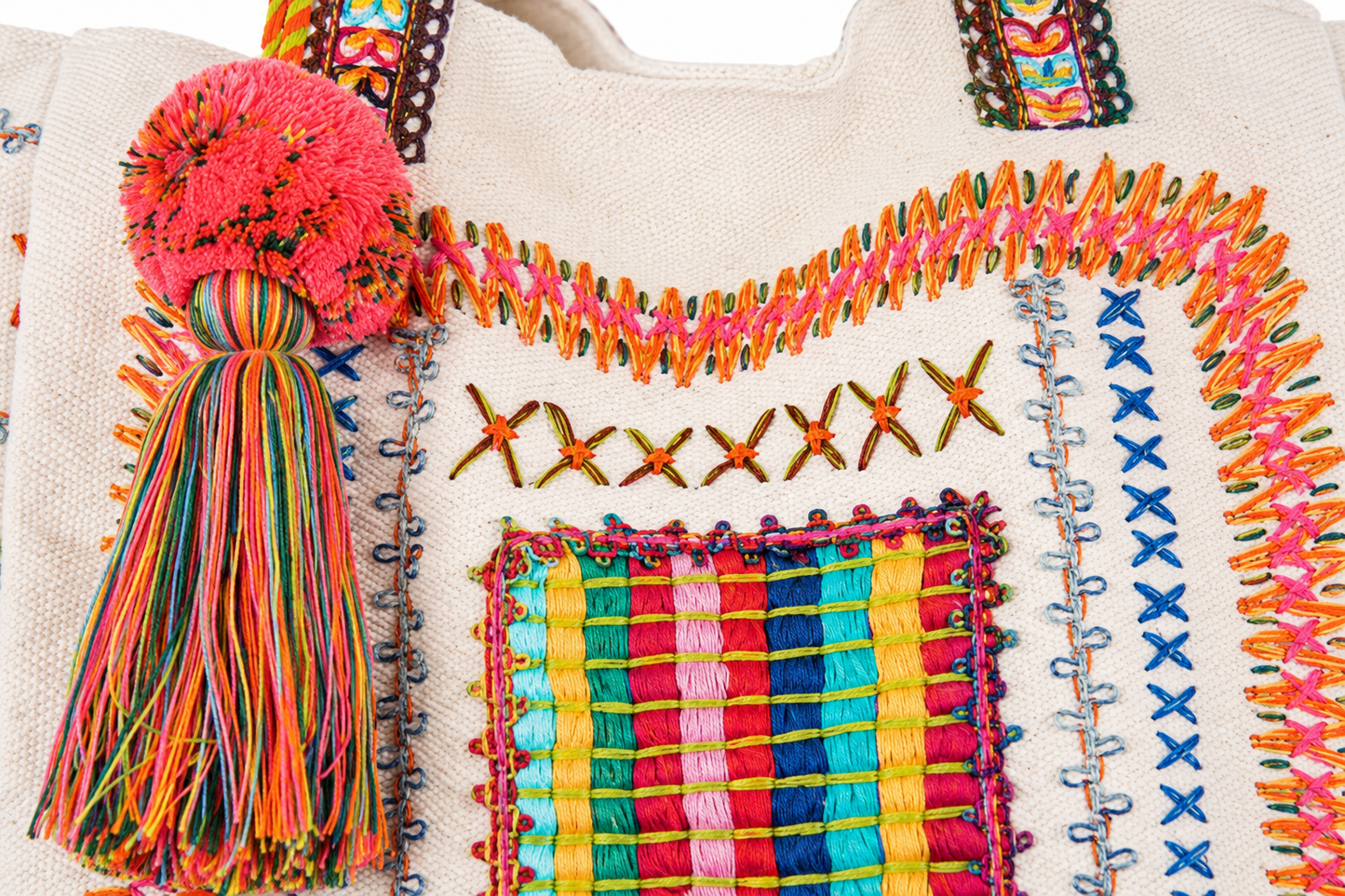 Desert Fiesta Tassel Tote Bag – Colorful Boho Embroidered Summer Beach & Market Carryall
