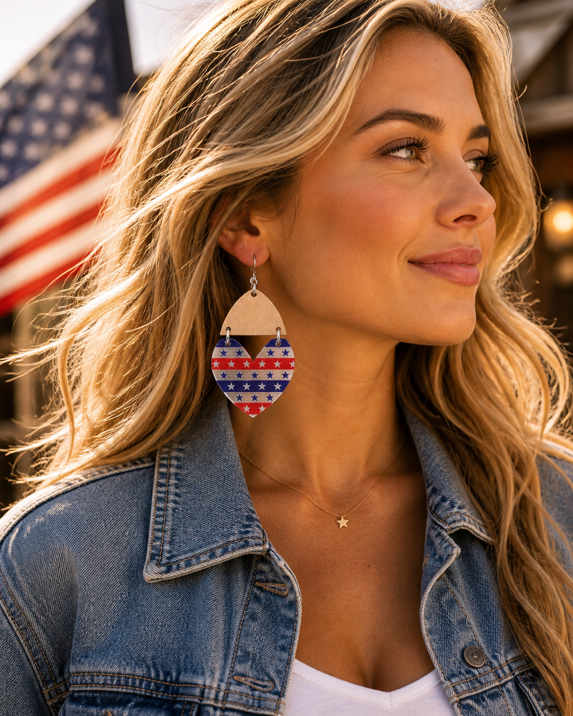 American Honey Heart Earrings – Red White Blue Patriotic Dangle Earrings, Western Cowgirl Statement Jewelry