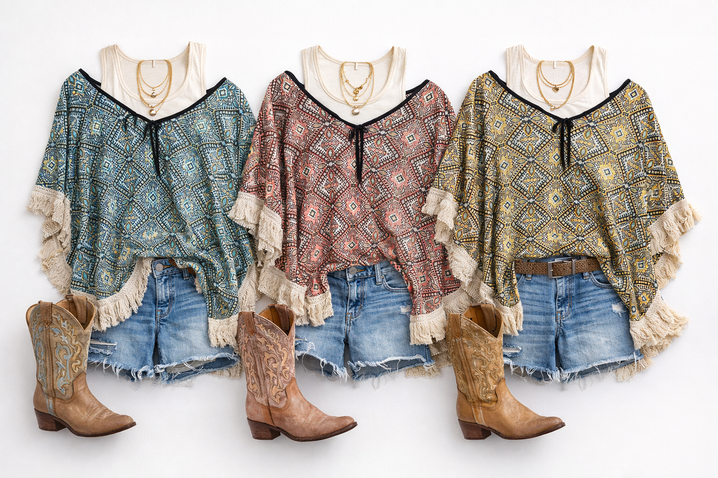 Golden Fringe Aztec Poncho Top Coastal Cowgirl Boho Summer Outfit