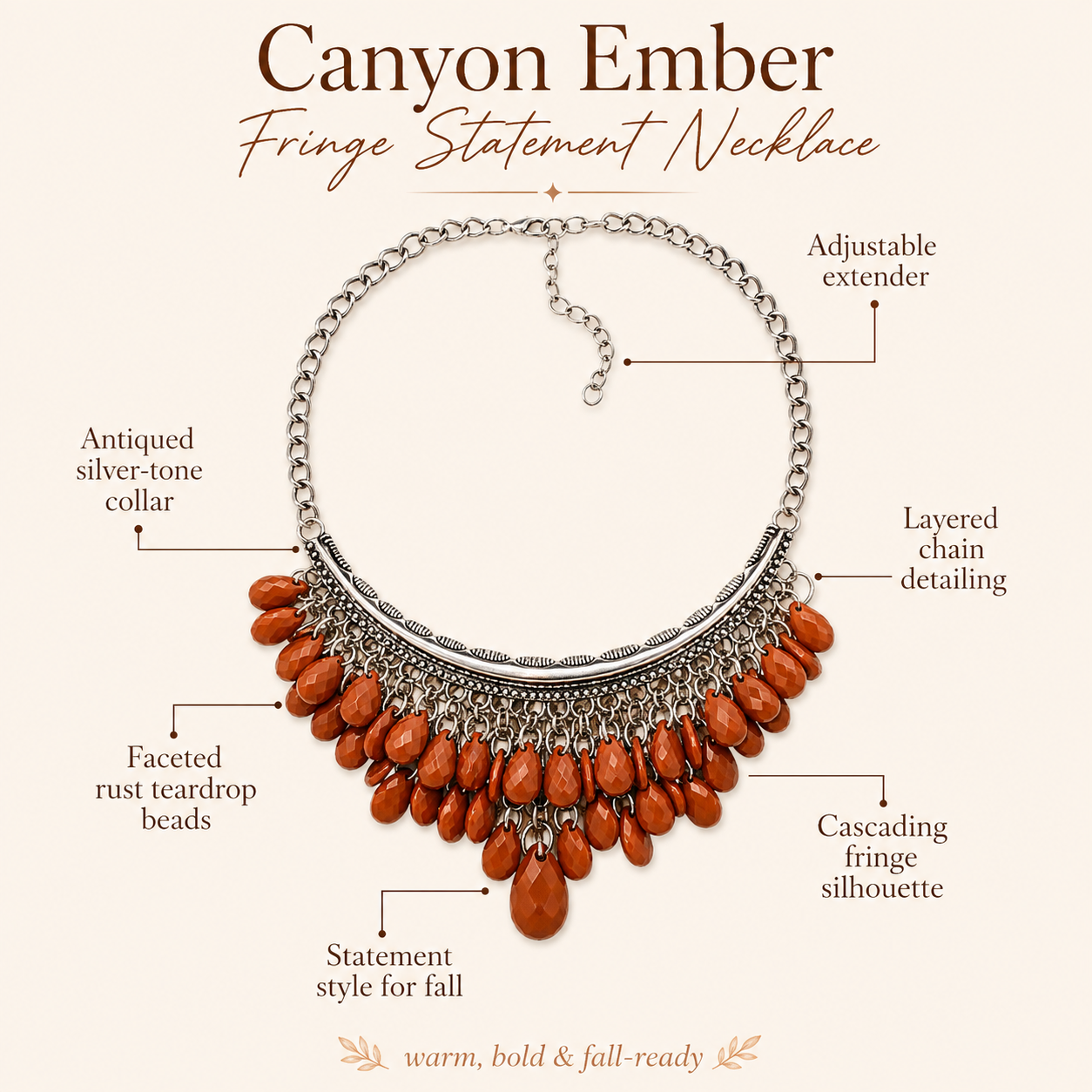 Canyon Ember fringe statement necklace with labeled callouts on a beige background. The necklace has a silver-tone chain collar, rust-colored faceted teardrop beads, and cascading fringe.