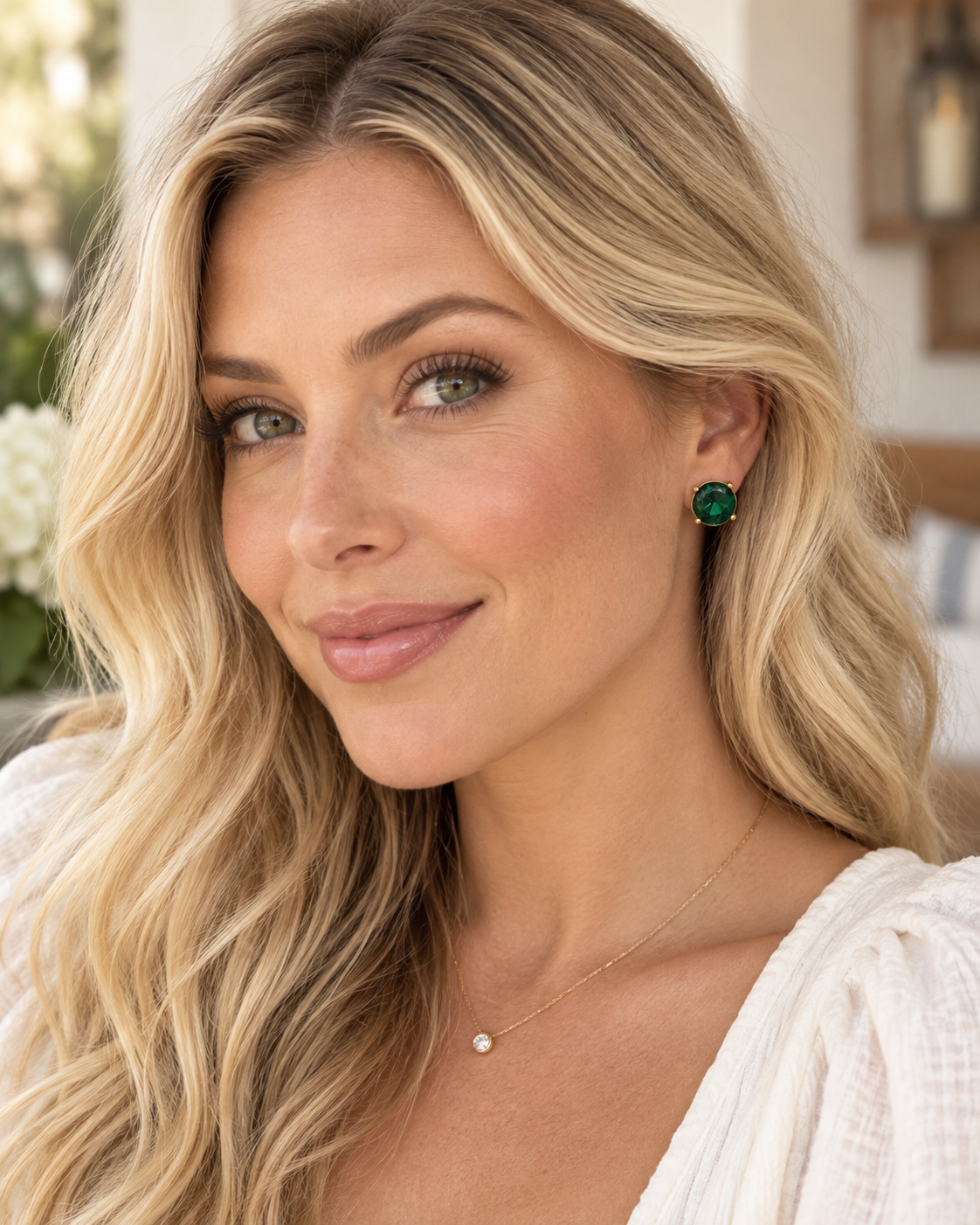 A close-up lifestyle shot of a blonde woman wearing a small round green gemstone stud earring and a delicate gold necklace with a small clear stone.