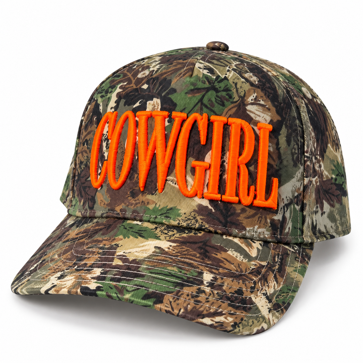 Neon Cowgirl Camo Trucker Hat – Orange Puff Embroidered Cap