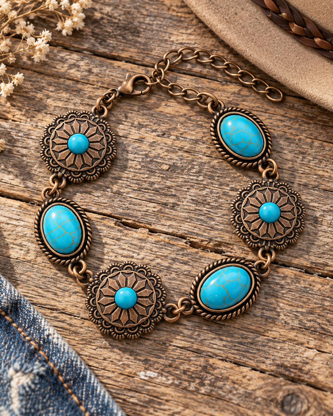A western-style bracelet with five oval turquoise stones and ornate bronze-toned medallions, displayed on a rustic wooden surface with dried flowers, denim, and a hat edge as styling props.
