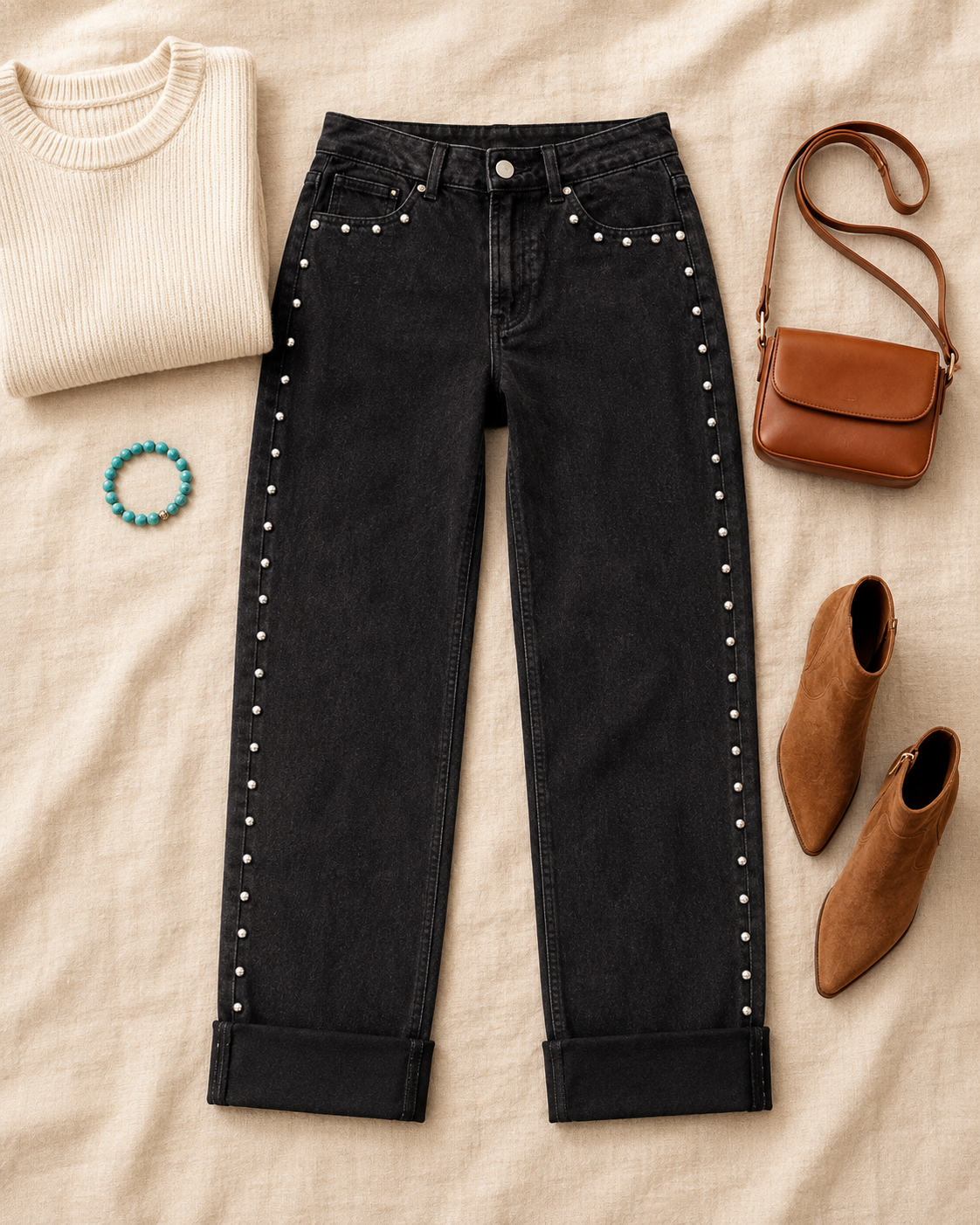 Midnight Row Studded Straight-Leg Jeans