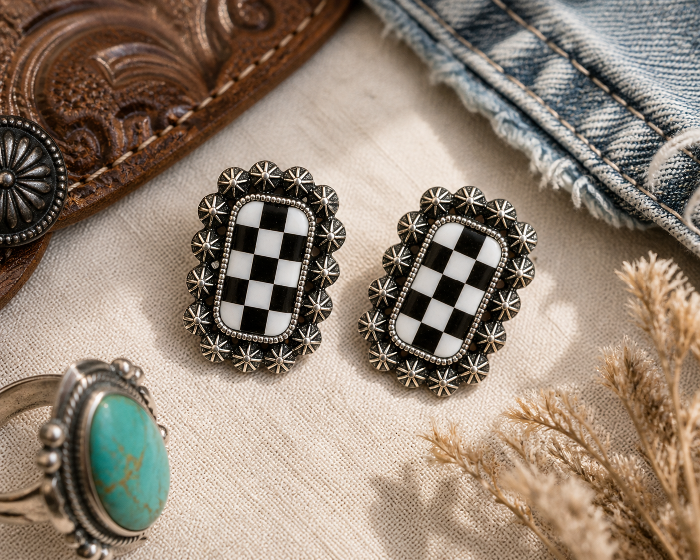 Rodeo Check Concho Stud Earrings