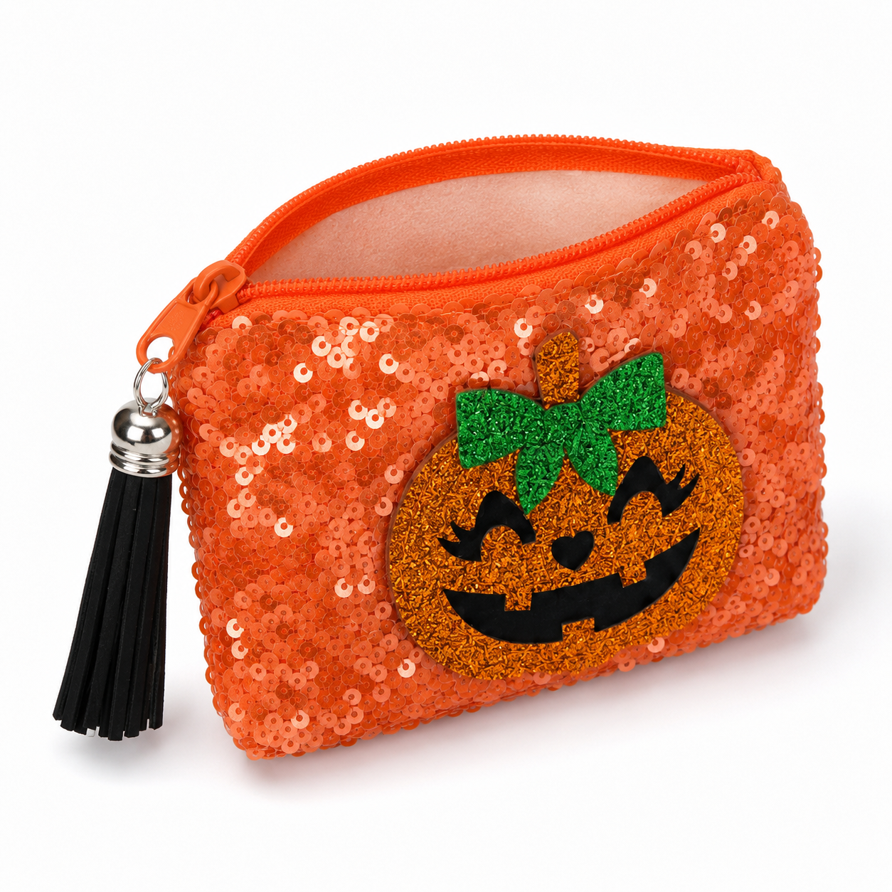 Orange sequin Halloween coin purse with zipper opening shown open