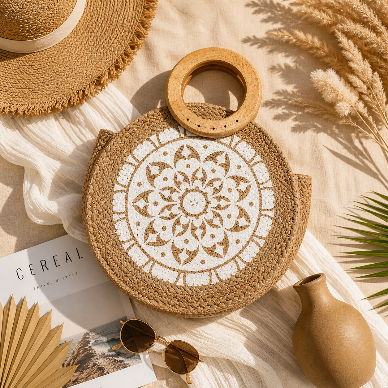 Santorini Round Jute Tote – Wooden Handle Coastal Bag