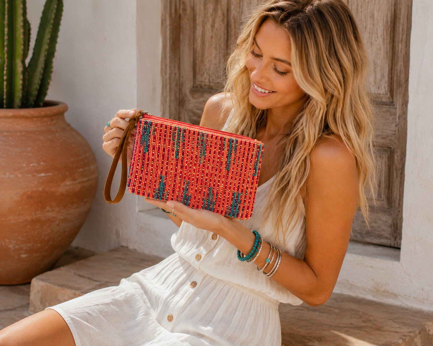 Coral Coast Beaded Wristlet | Coastal Cowgirl Boho Wristlet