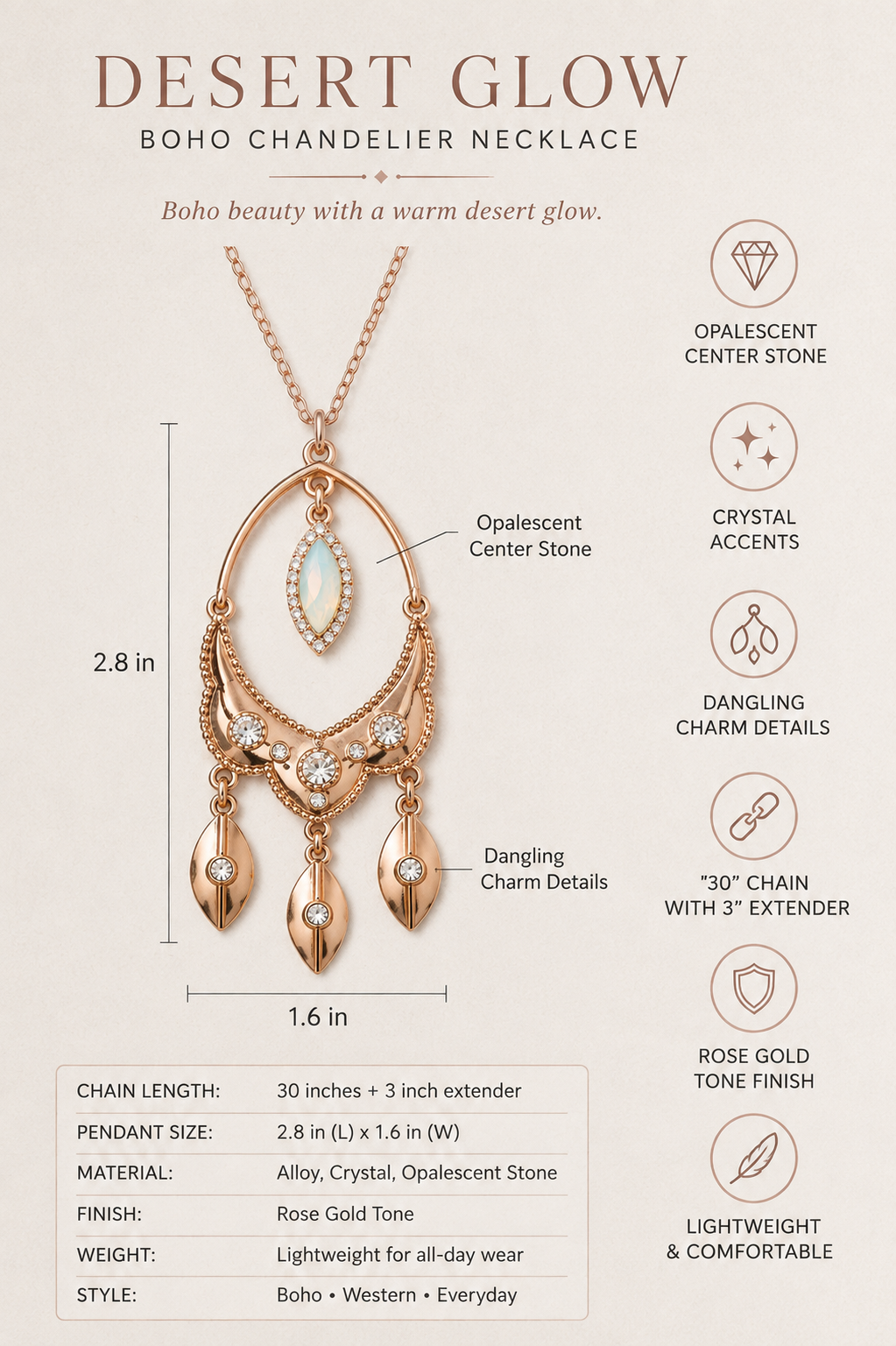Desert Glow Long Pendant Necklace attributes showing rose-gold finish, opalescent stone, crystal accents and dangling charms