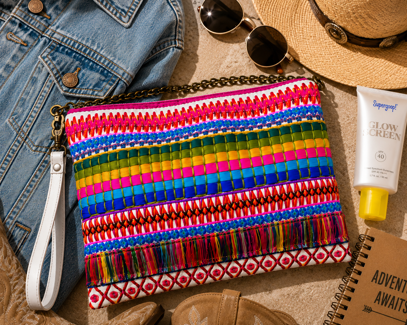 Electric Sunset Fringe Crossbody Wristlet – Colorful Boho Embroidered Convertible Bag