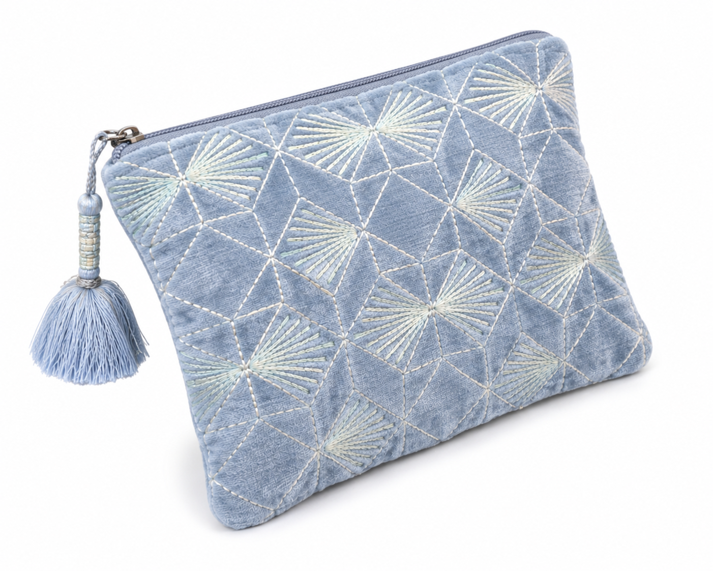 Blue Horizon Velvet Pouch | Embroidered Travel & Cosmetic Bag