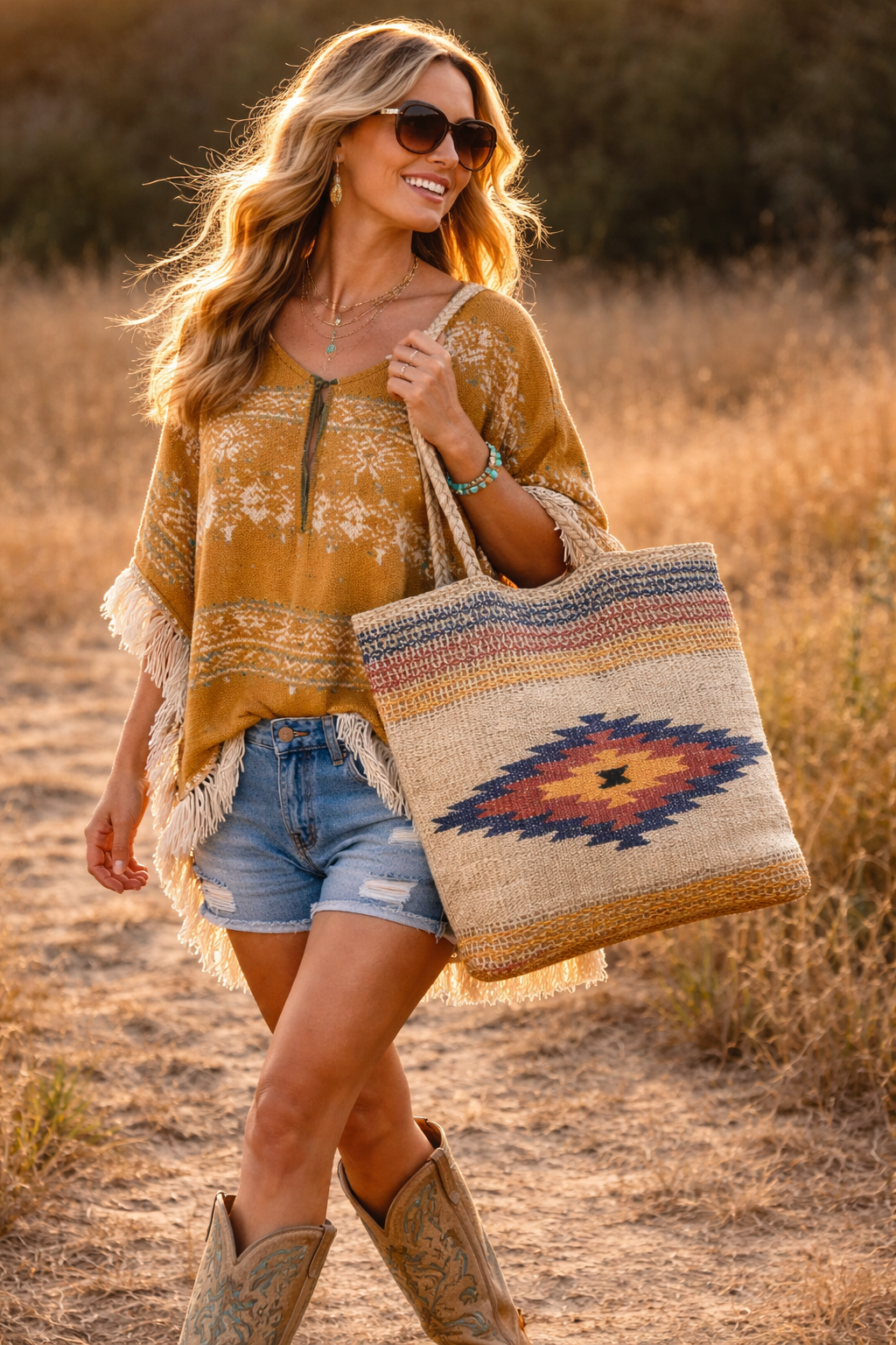 Desert Dusk Aztec Woven Tote – Western Boho Carryall Bag