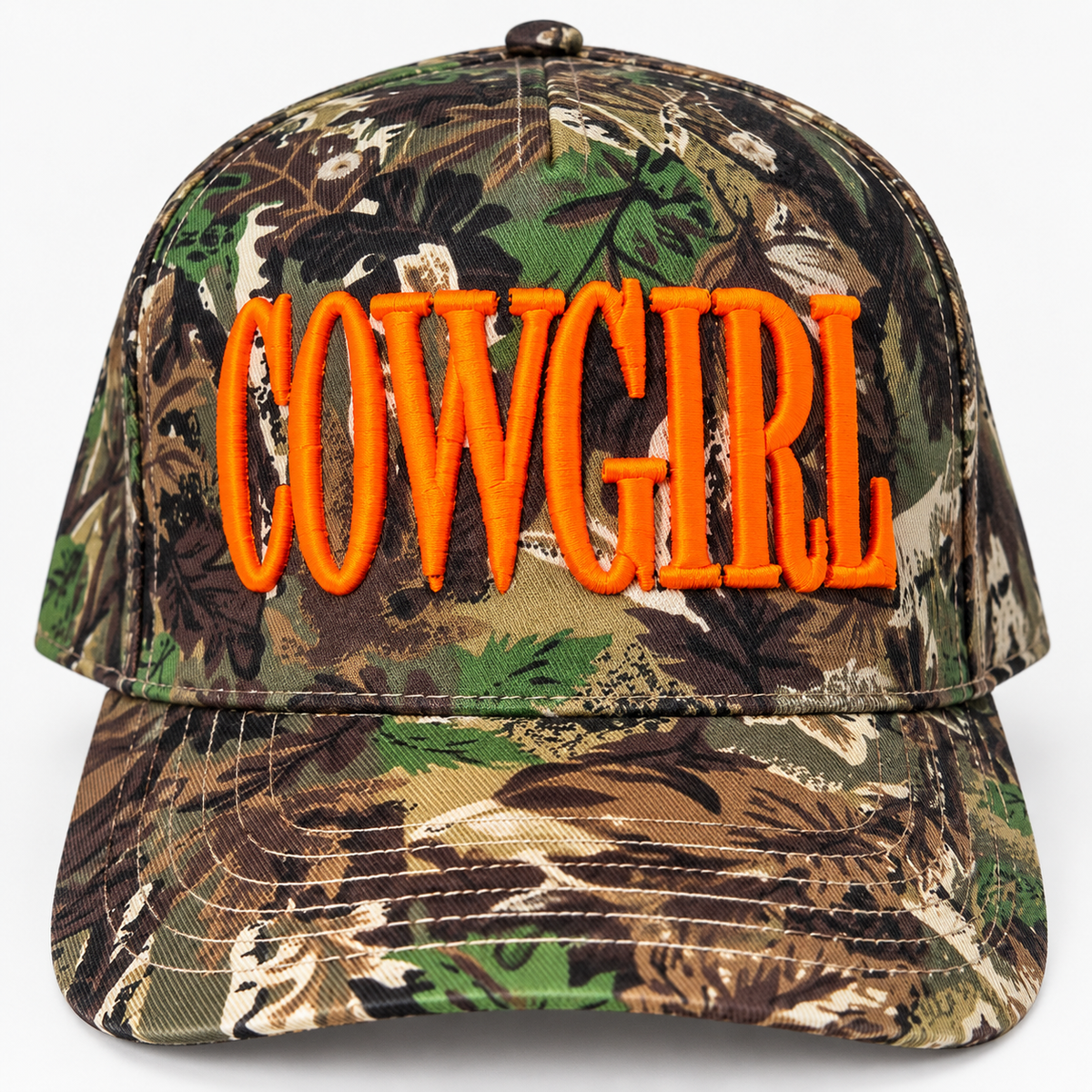 Neon Cowgirl Camo Trucker Hat – Orange Puff Embroidered Cap
