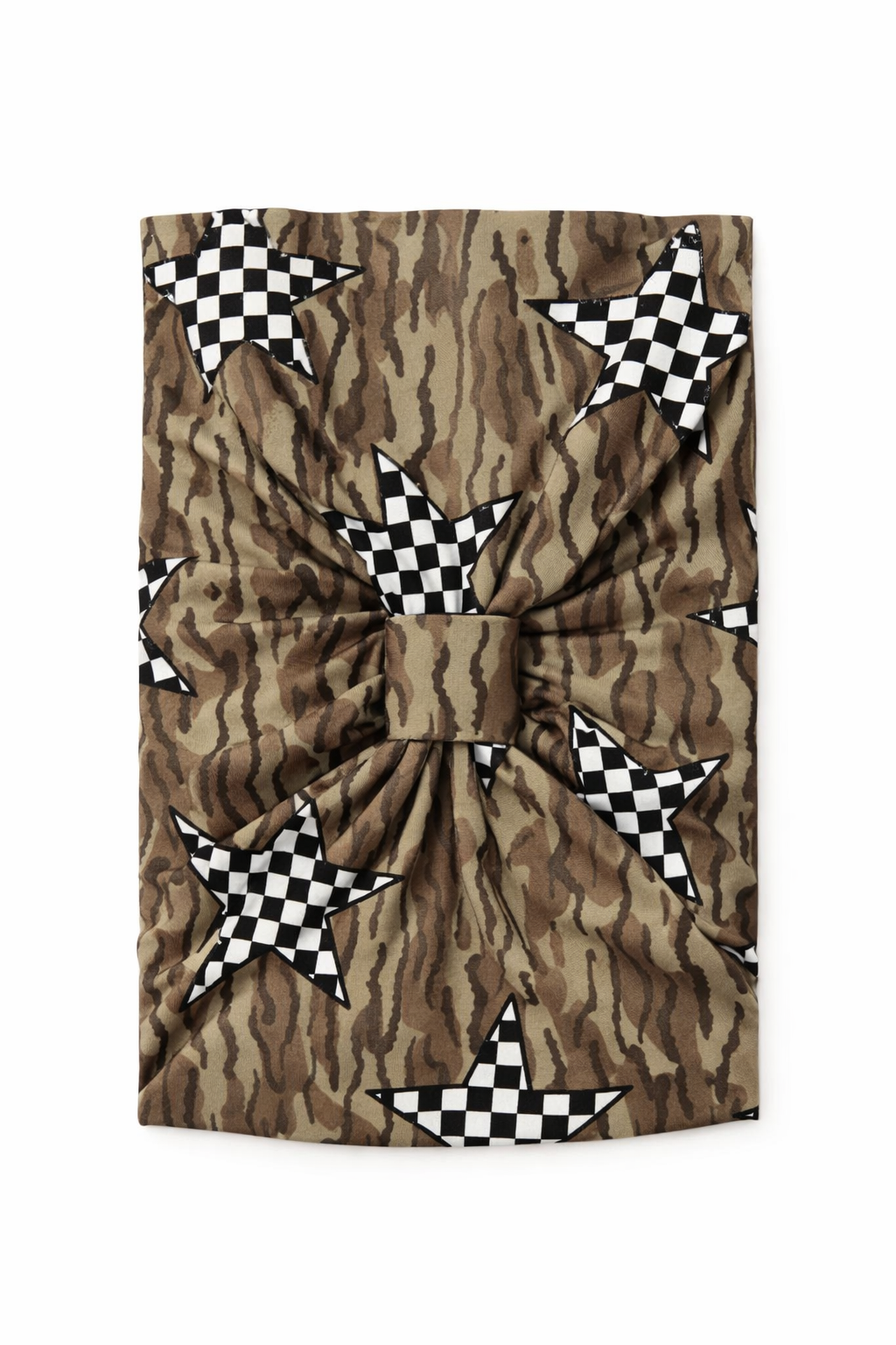Product packaging with camouflage pattern and star designs on a white background