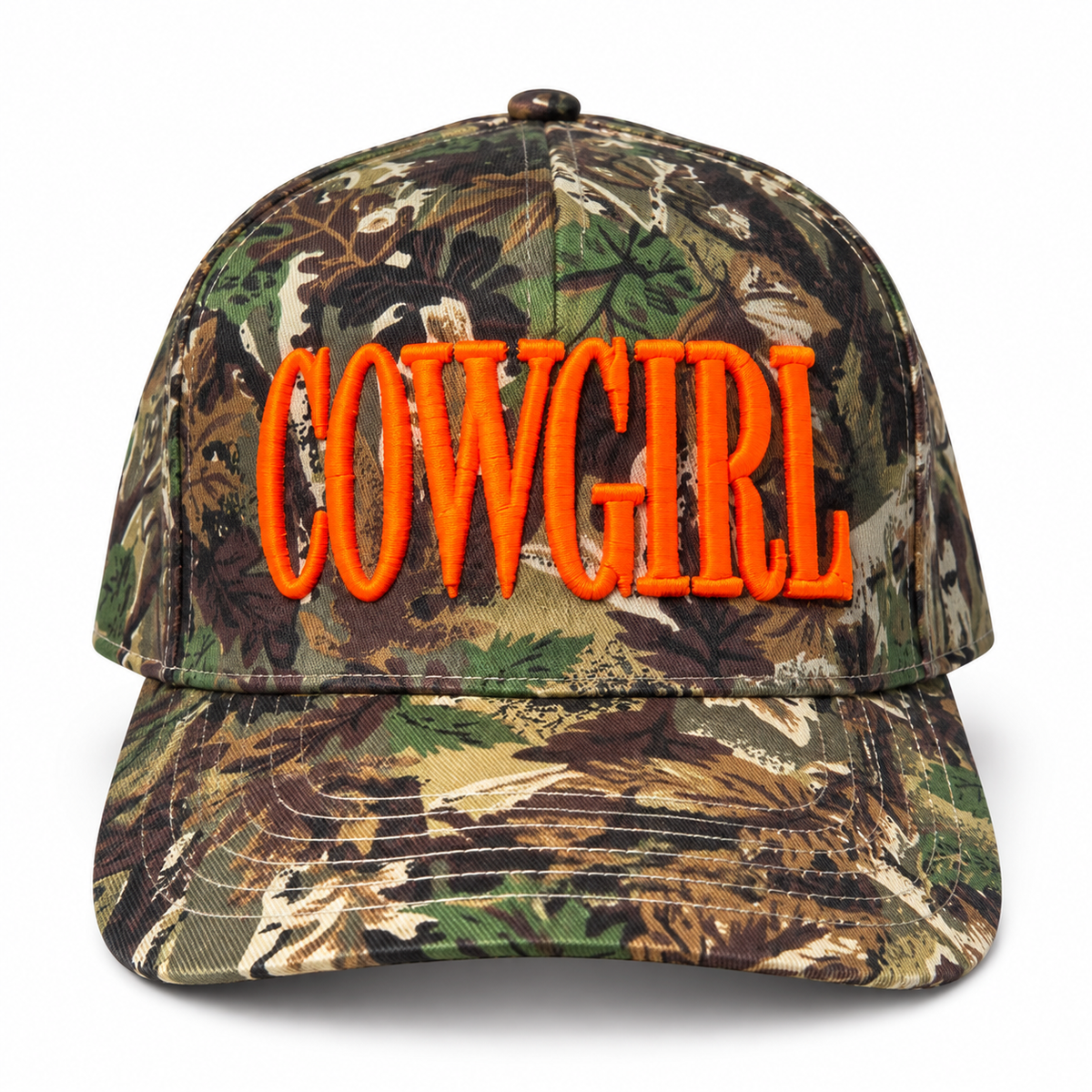 Neon Cowgirl Camo Trucker Hat – Orange Puff Embroidered Cap