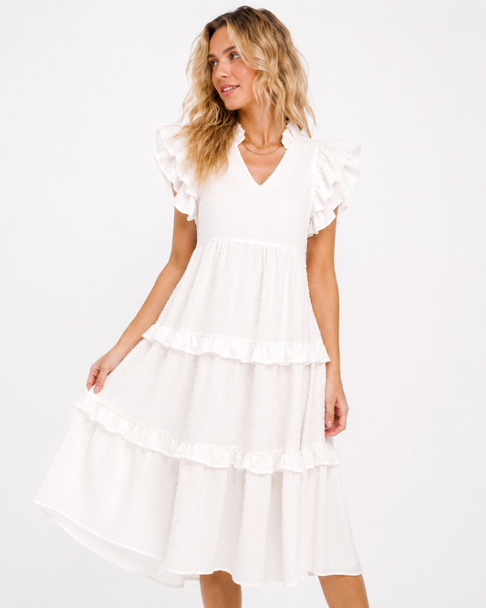 Coastal Grace Swiss Dot Midi Dress