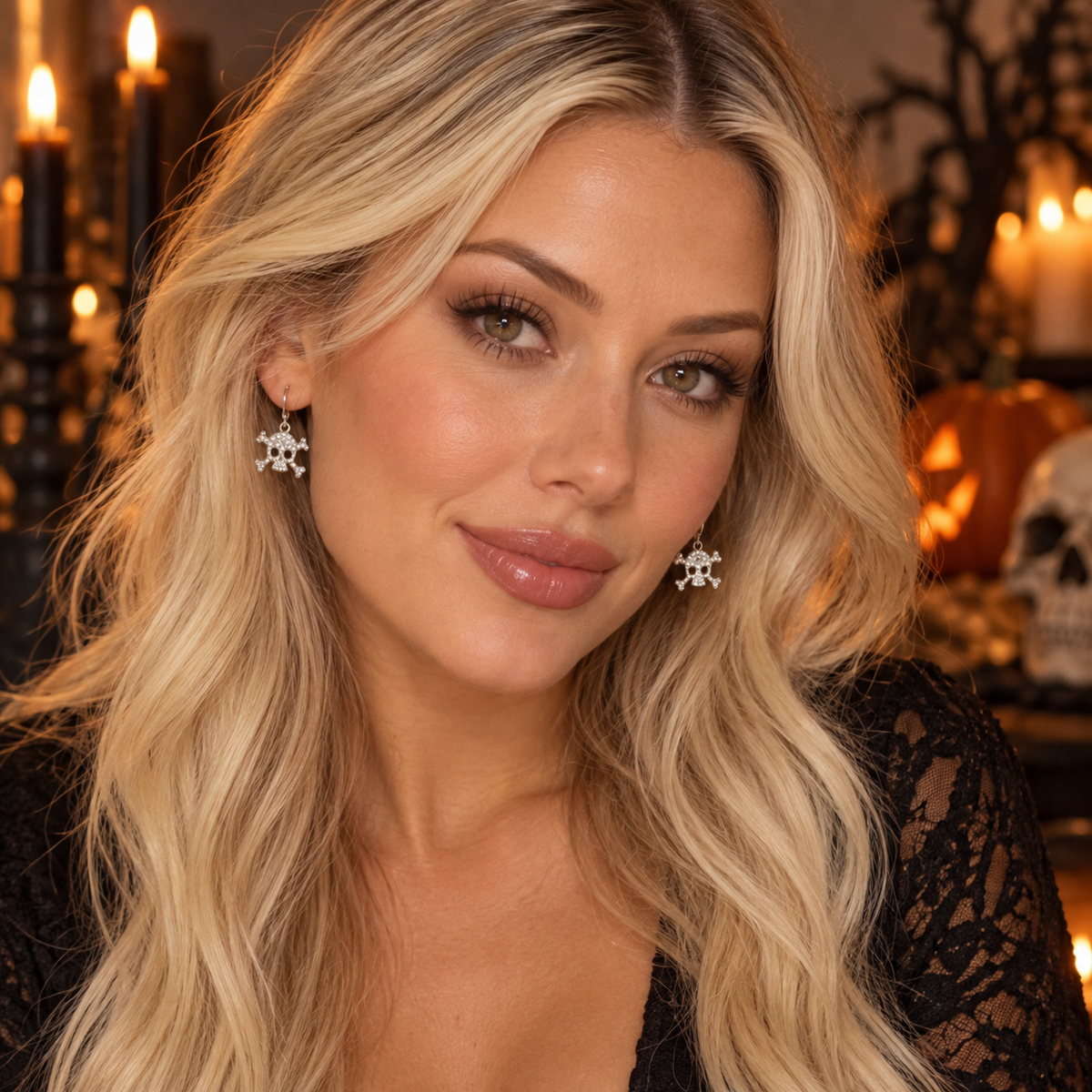 A close-up portrait of a woman with long blonde hair wearing silver snowflake dangle earrings, set against a warm, Halloween-themed background with candles and a skull.