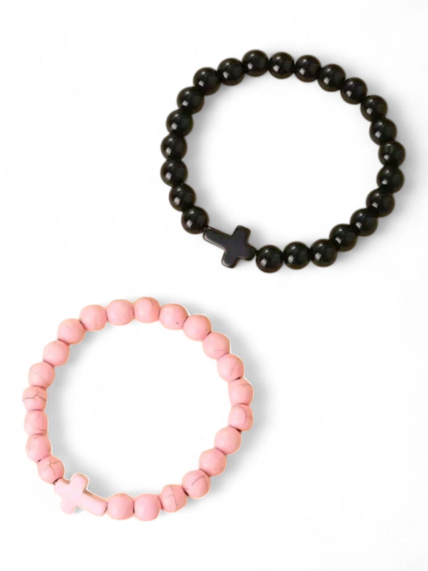 Crackled Stone Stretch Cross Bracelets in Pink or Black