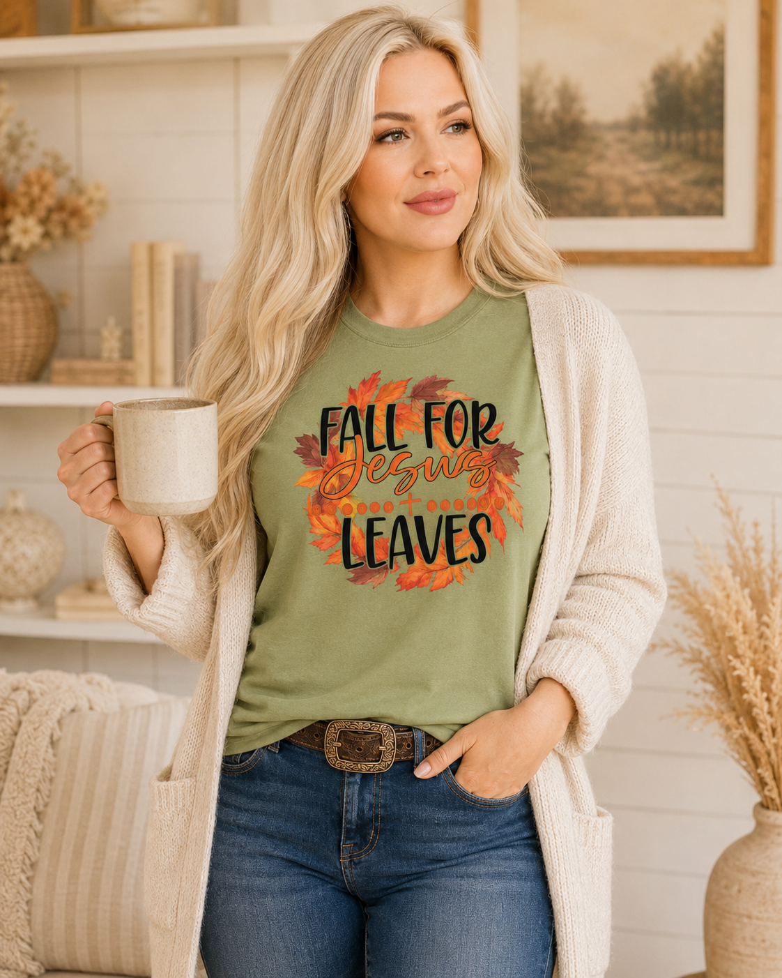 Oatmeal cardigan worn open over the tee.