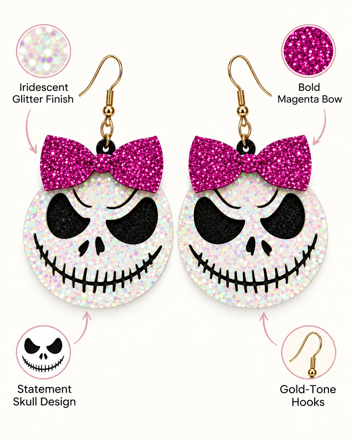 A pair of statement earrings featuring a glittery white skull design with black details, a bright pink glitter bow, and gold-tone hooks. The image includes callout circles and arrows highlighting features such as an iridescent glitter finish, a bold magenta bow, the statement skull design, and gold-tone hooks.