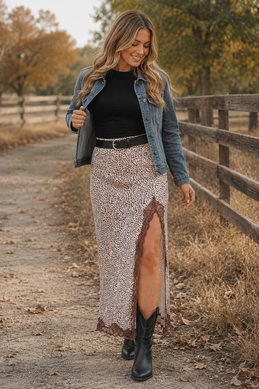Saddle & Lace Cheetah Print Western Maxi Skirt
