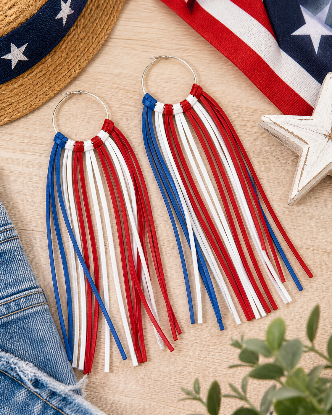 Freedom Fringe Hoops – Red White Blue Tassel Hoop Earrings, Patriotic Western Statement Earrings