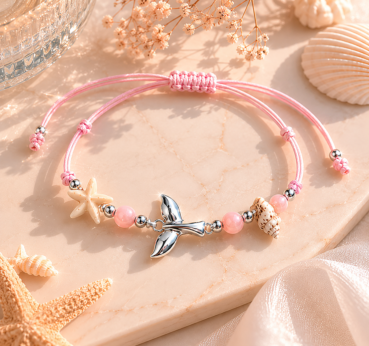 Adjustable Coastal Charm Bracelet Anklet – Beach Shell Starfish Summer Jewelry