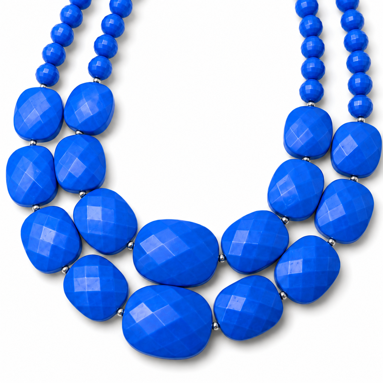 Close-up of faceted cobalt blue beads and graduated stones on the Cobalt Ridge statement necklace