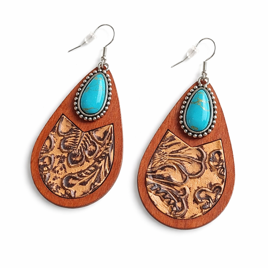 Saddle Ridge Turquoise Wood Teardrop Earrings