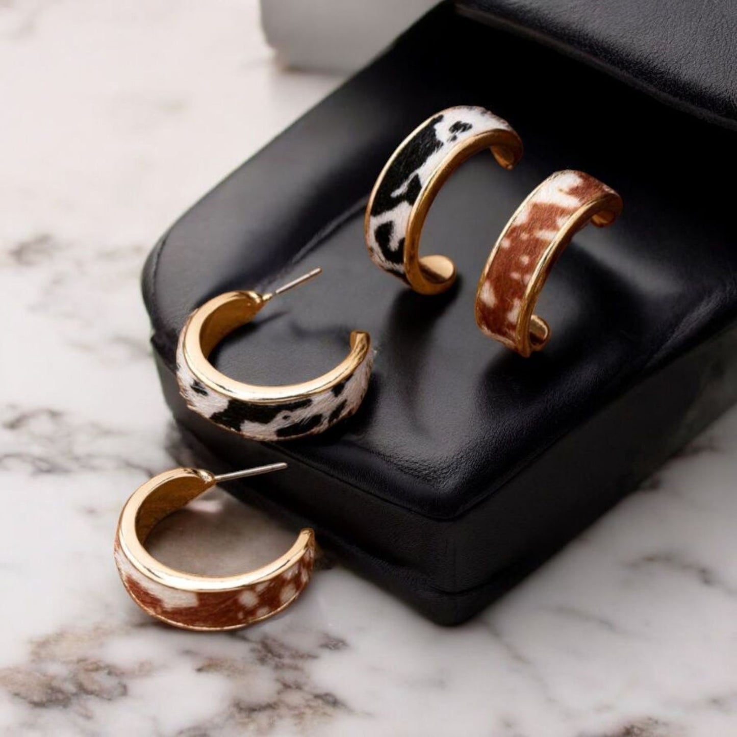 Gold Metal Hoop Earrings with a Pop of Animal Pattern