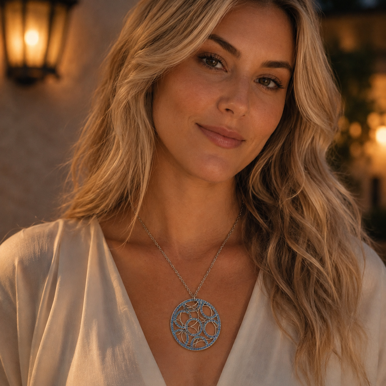A woman with blonde hair wearing a silver-toned geometric pendant necklace with light blue stones, photographed in warm, dimly lit ambient lighting.