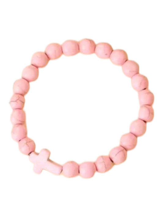 Crackled Stone Stretch Cross Bracelets in Pink or Black