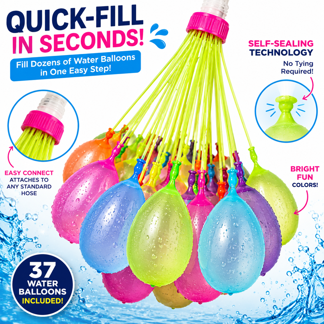 Splash Squad Quick-Fill Water Balloon Bundle | Self-Sealing Summer Water Balloons for Pool Parties, Backyard Fun & Family Games
