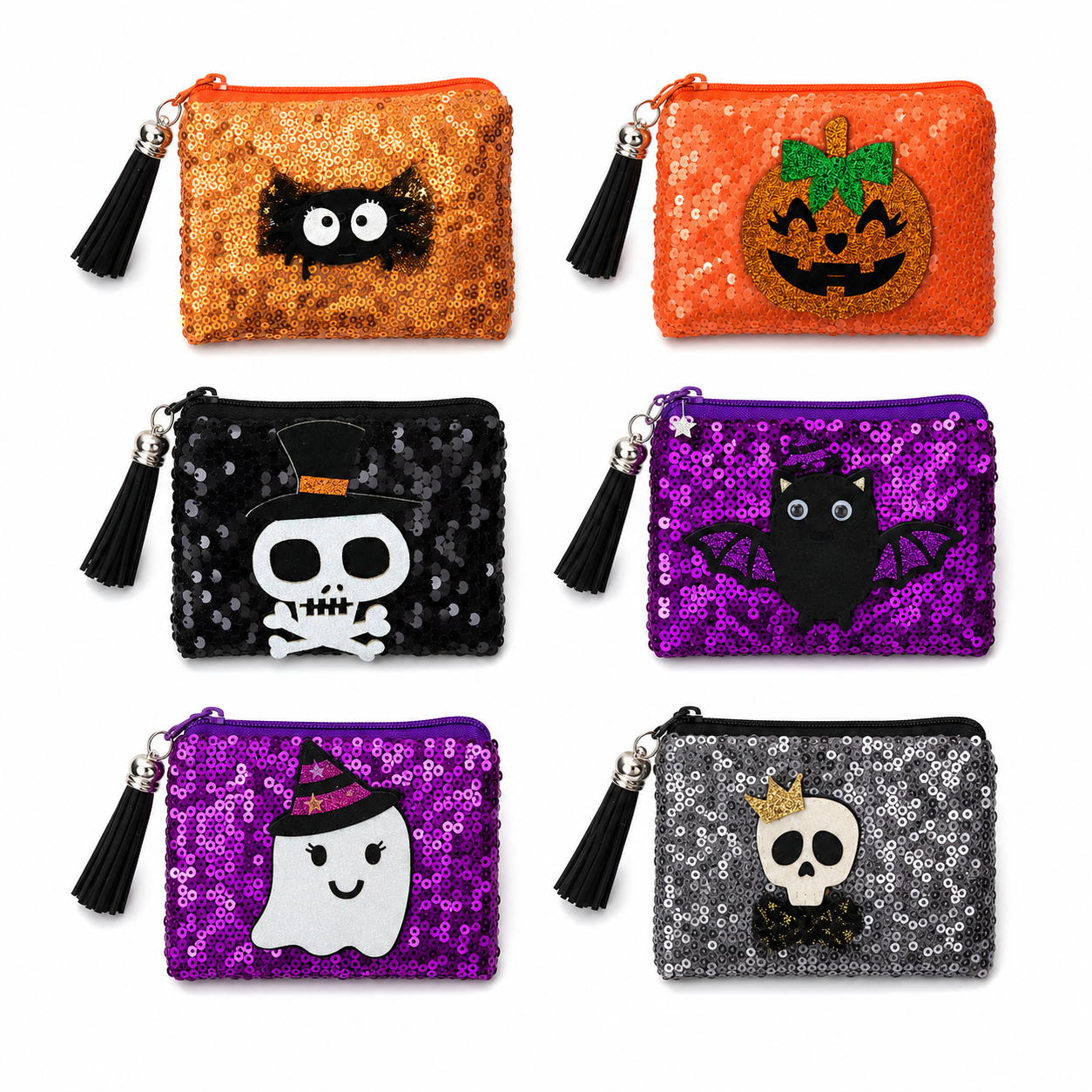 Assorted Halloween sequin coin purse styles showing pumpkin, bat, ghost, skull and cat designs.
