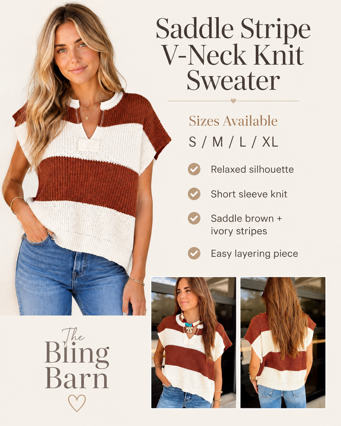 Saddle Stripe V-Neck Knit Sweater size and fit graphic showing sizes S through XL and relaxed styling details.
