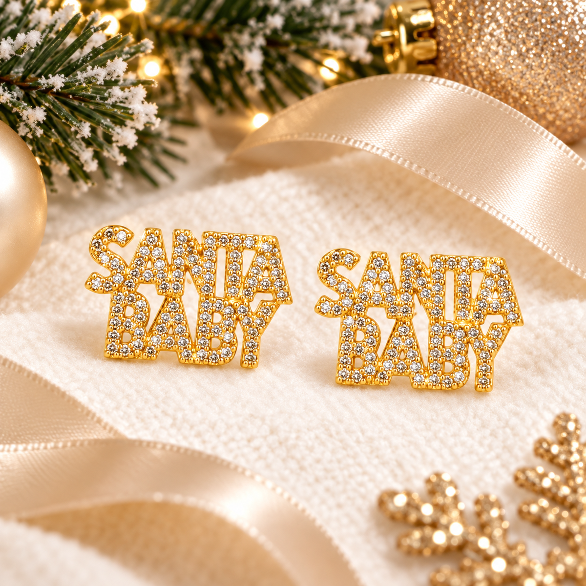 Santa Baby Crystal Stud Earrings – Gold Holiday Statement Earrings