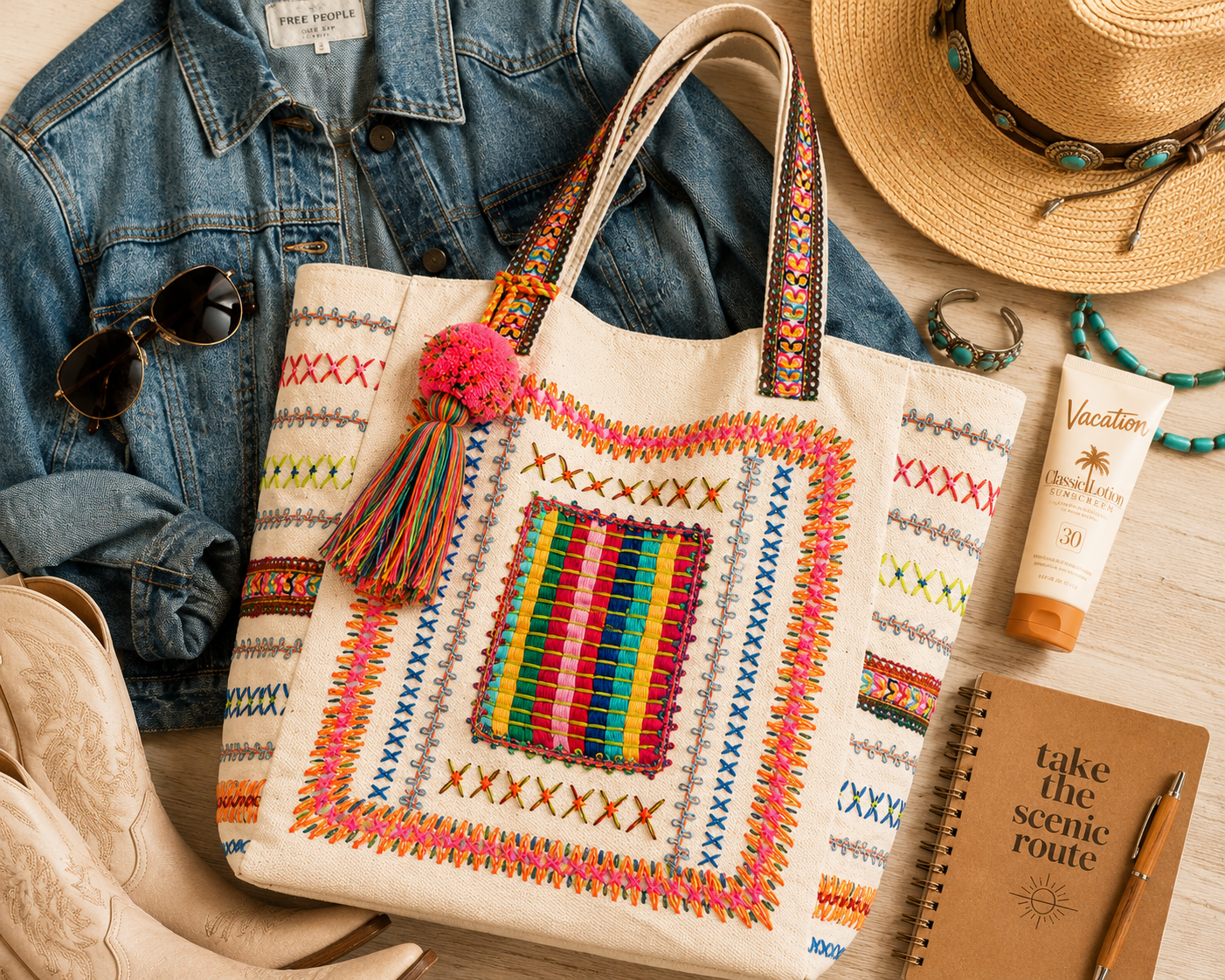 Desert Fiesta Tassel Tote Bag – Colorful Boho Embroidered Summer Beach & Market Carryall