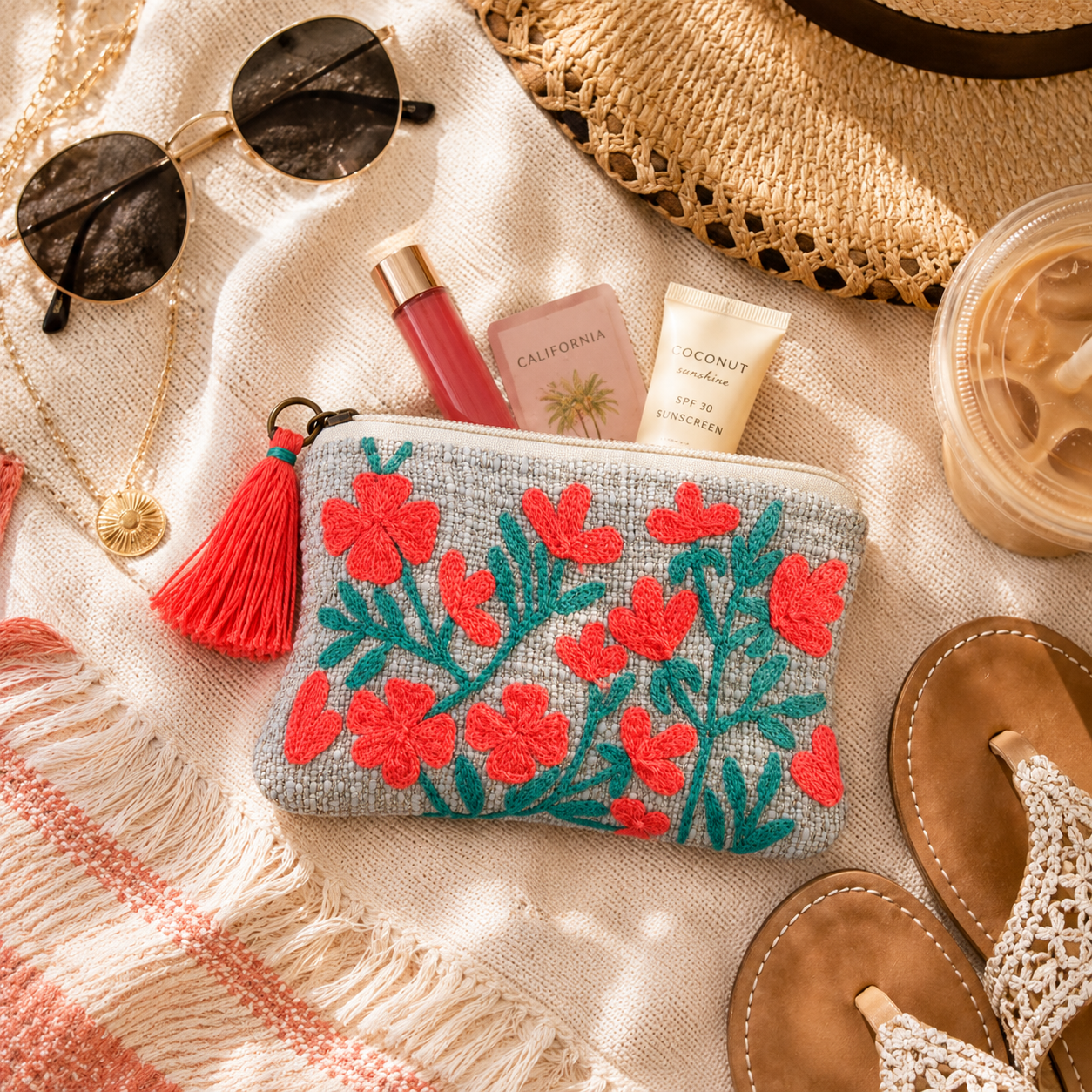 Coral Bloom Embroidered Coin Pouch – Boho Floral Zip Clutch with Tassel