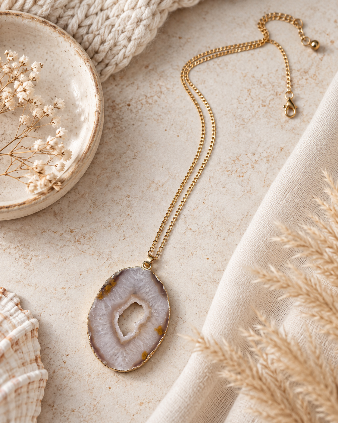 A gold chain necklace with a teardrop-shaped agate slice pendant, styled on a textured beige surface with neutral fabric, dried flowers, and a ceramic dish.