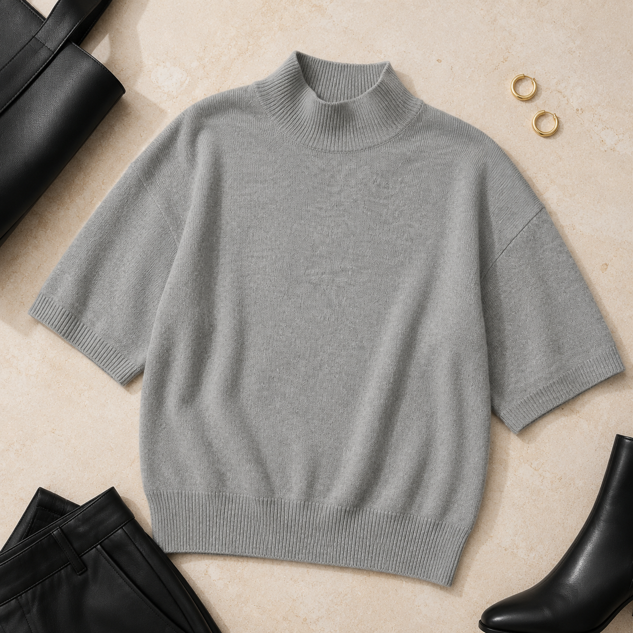 West End Heather Grey Mock Neck Short Sleeve Sweater