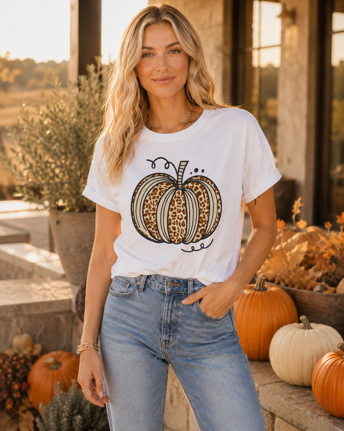 Emma styling the white Leopard Pumpkin Graphic Tee with jeans in a warm fall outdoor setting.