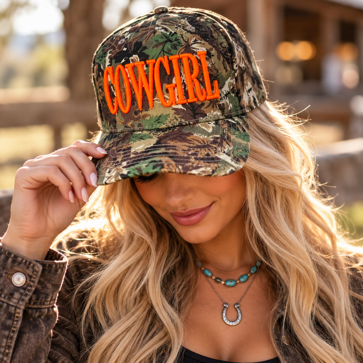 Neon Cowgirl Camo Trucker Hat – Orange Puff Embroidered Cap