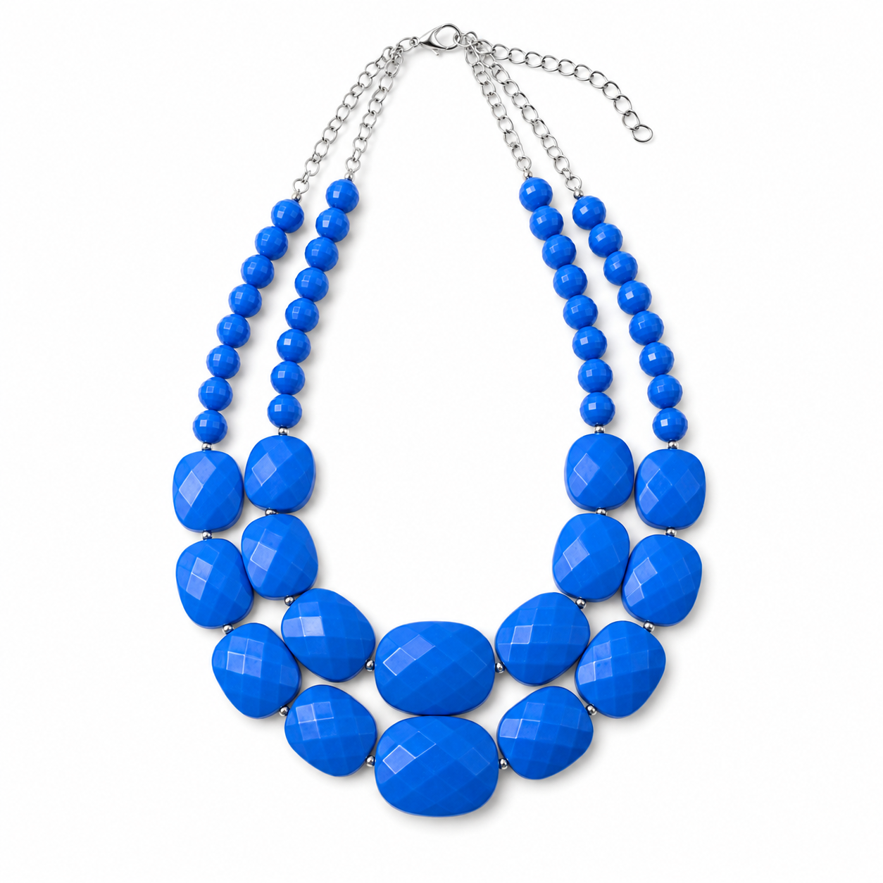 Cobalt Ridge double-strand statement necklace with vivid blue faceted beads and silver-tone chain on white background
