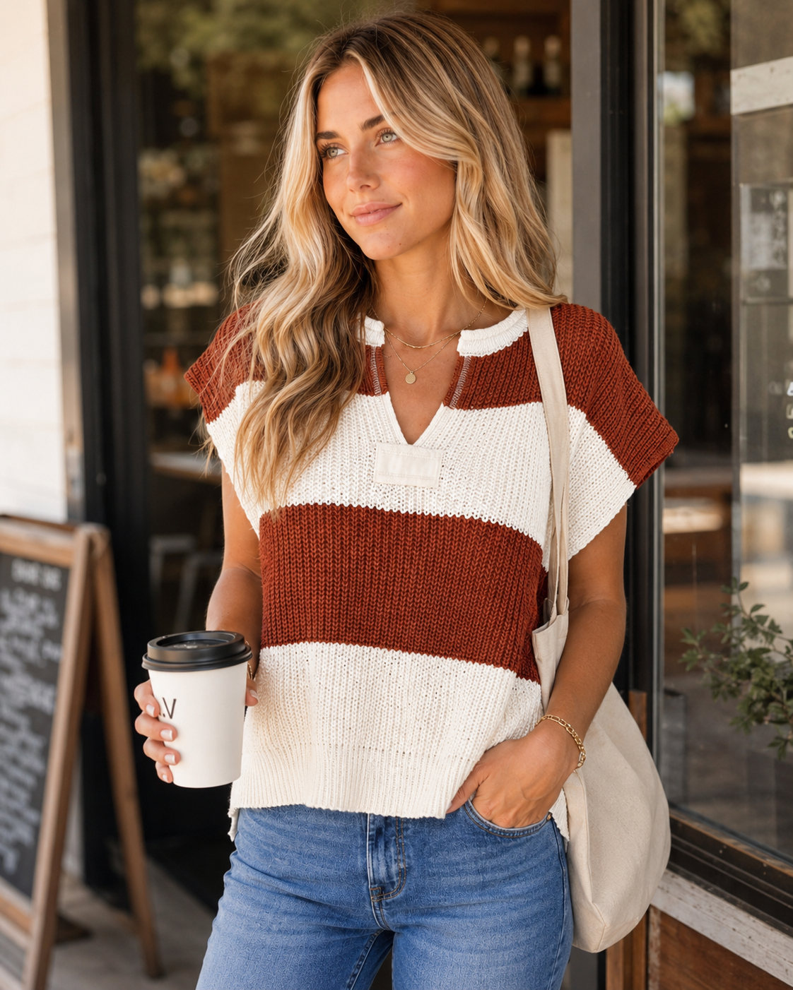 Blonde model wearing the Saddle Stripe knit sweater with jeans, a neutral tote, and coffee outside a café.