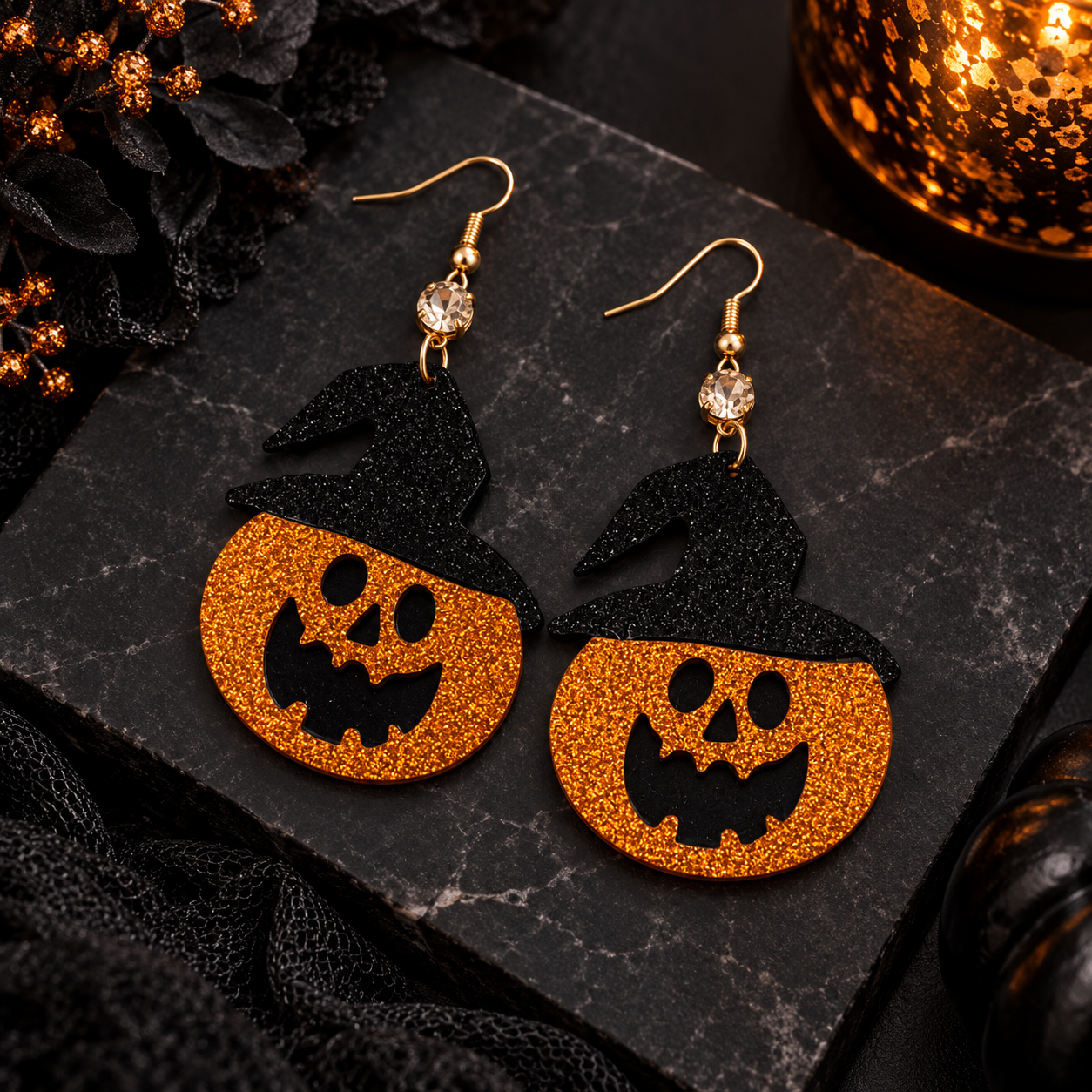 Witchy Pumpkin Glitter Drop Earrings