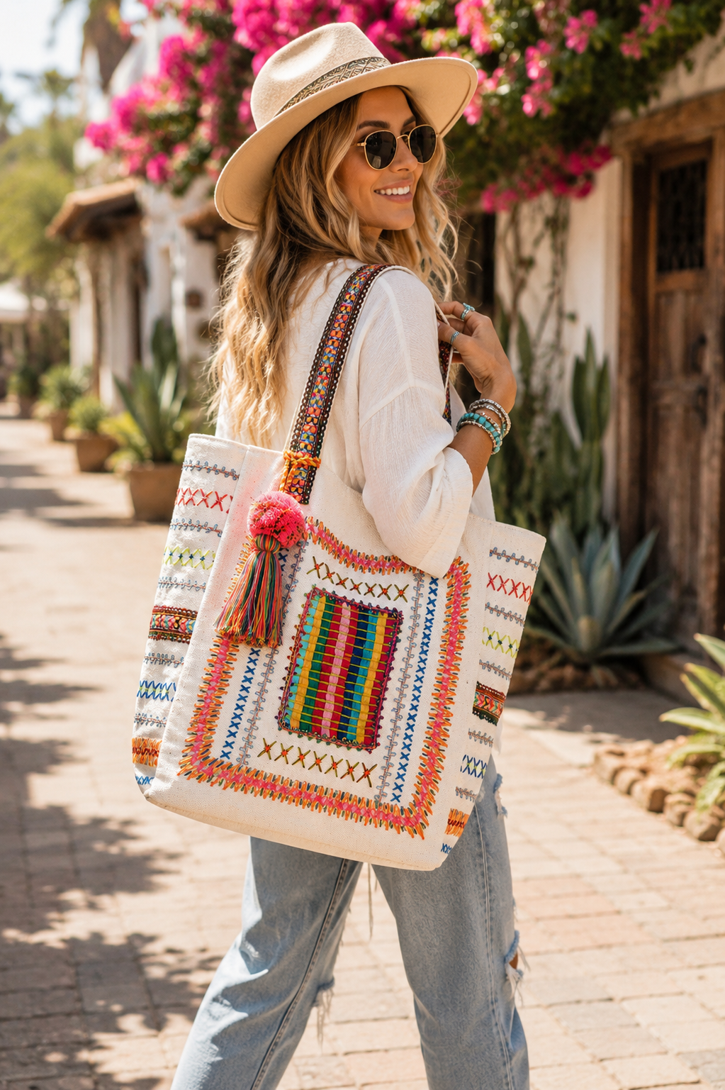 Desert Fiesta Tassel Tote Bag – Colorful Boho Embroidered Summer Beach & Market Carryall
