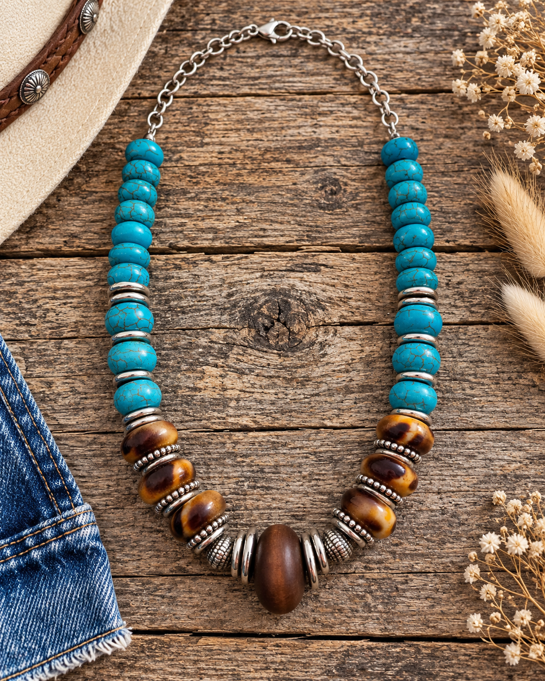 A western-style beaded necklace with turquoise-blue round beads, brown and black tiger-eye style beads, and silver-toned spacer rings, displayed on a rustic wooden surface with styled props including denim, a hat edge, and dried flowers.