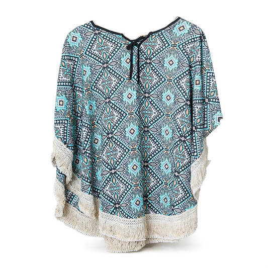 Golden Fringe Aztec Poncho Top Coastal Cowgirl Boho Summer Outfit